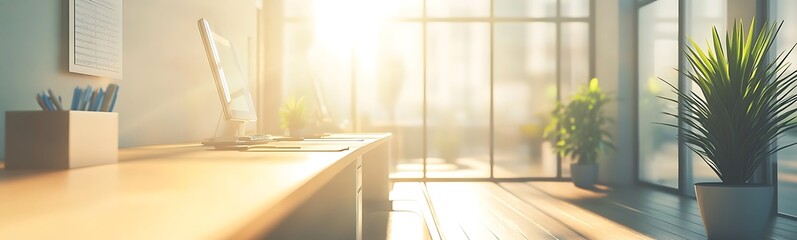 Aufkleber - A bright and modern office space with sunlight streaming in, featuring a wooden desk, plant, and large windows.