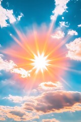 Aufkleber - A vibrant sun radiates warmth amidst a blue sky, surrounded by fluffy clouds, creating a picturesque and uplifting atmosphere.