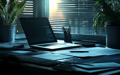 Poster - A serene workspace with a laptop surrounded by plants, bathed in soft evening light, showcasing a blend of technology and nature.