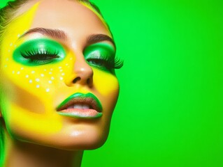 Vibrant Artistic Makeup on Model in Studio with Bold Colors and Patterns