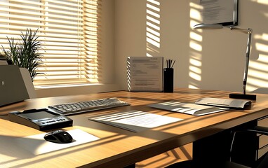Poster - A bright, modern workspace featuring a wooden desk, keyboard, stationery, and natural light filtering through blinds.