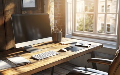 Aufkleber - A cozy home office setup featuring a modern computer, wooden desk, and sunlight streaming through the window, creating a warm atmosphere.