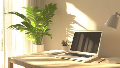 Poster - A bright workspace featuring a laptop, plant, and desk accessories, illuminated by natural light, creating a serene and productive atmosphere.