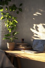 Aufkleber - A cozy workspace featuring a laptop, books, and a potted plant, illuminated by soft natural light, creating a serene and productive atmosphere.