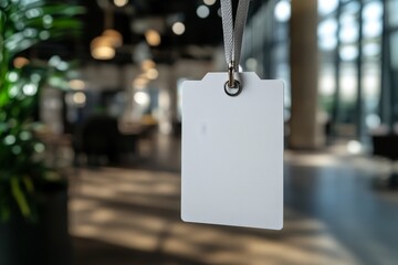 Wall Mural - Blank white ID badge hanging on a lanyard in a modern office setting.