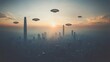 © A4719 - UFOs Over City Skyline at Sunset   Futuristic Sci Fi Concept