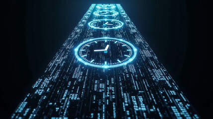 Digital time concept with glowing clocks on a futuristic background showing the passage of time and technology integration