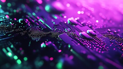 Aufkleber - A vibrant close-up of a circuit board featuring purple and green lights, illustrating the intricate design of electronic components.