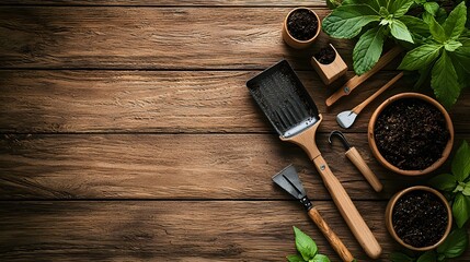 Flat Lay of Gardening Tools and Flower Pots