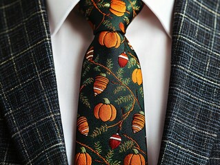 A stylish necktie with a colorful pumpkin and acorn print, perfect for fall-themed events and adding flair to formal attire.