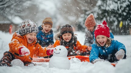 Happy children outdoors in the snow, playing with sleds, building snowmen, and laughing together, making the most of the winter day.