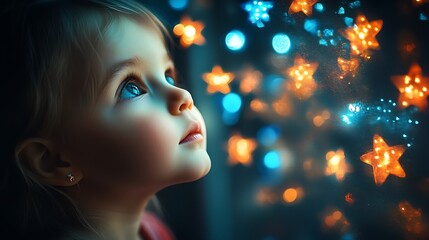 Generative AI Image of Cute Little Girl Looking at Window with Bokeh Lamp Lights at Night