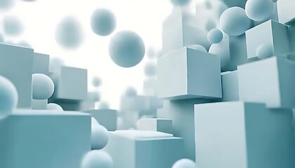 Fototapete - A serene digital landscape featuring soft blue spheres and cube shapes, creating a 3D abstract environment.
