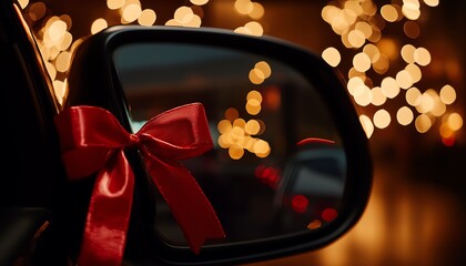 Car mirror decorated with a red bow, festive lights in the background, creating a cheerful holiday atmosphere.