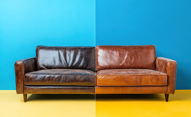 Sofa before and after cleaning on a split background