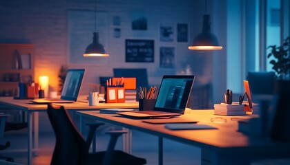 Aufkleber - A serene office space illuminated by warm lighting, featuring laptops, stationery, and a calm atmosphere ideal for productivity.