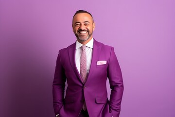 Wall Mural - Portrait of a happy middle-aged man in a purple suit on a purple background.