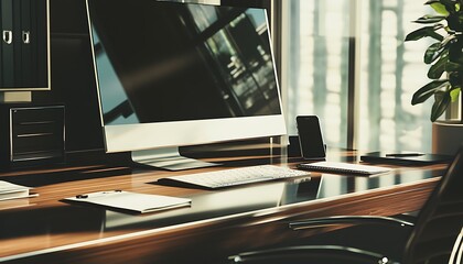 Aufkleber - A modern workspace featuring a sleek computer, keyboard, and decorative plant, illuminated by natural light from large windows.