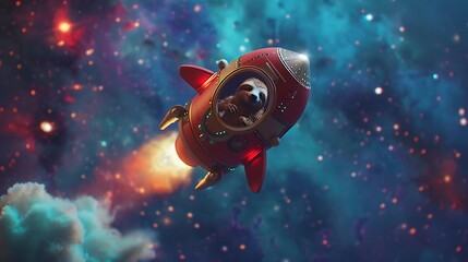 Wall Mural - a toy rocket is gently nudged by a sloth in a starry sky