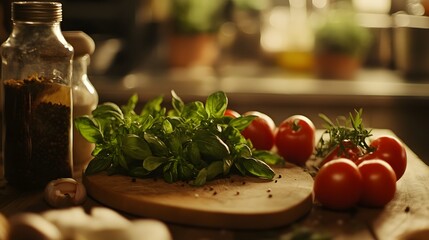 Fresh Basil, Tomatoes, and Spices on a Wooden Cutting Board