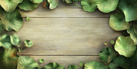 A wooden background framed by green leaves, ideal for nature-themed designs or presentations.