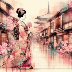 Wall Mural - Geisha's Spring Walk: Traditional Japanese Street Scene with Cherry Blossoms with Generative AI.