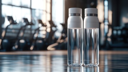 Two sleek water bottles on a gym floor, reflecting a fitness-focused environment.