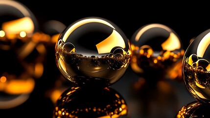 Aufkleber - Shiny, golden spheres reflecting light, creating a mesmerizing visual effect against a dark background.
