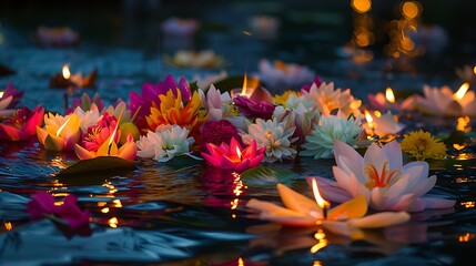 Wall Mural - A typical krathong softly lying in the water at midnight decorated with rich flowers