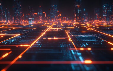 Poster - A vibrant digital landscape showcases glowing circuit patterns and futuristic city elements, reflecting advanced technology and innovation.