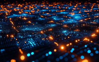 Aufkleber - A mesmerizing digital landscape showcasing glowing blue and orange lights on a dark background, resembling a network of interconnected nodes.