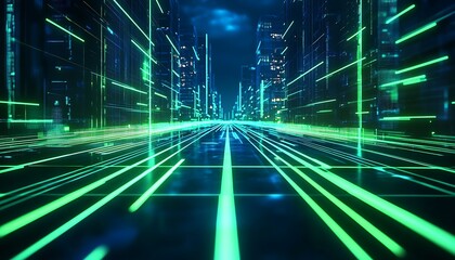 Aufkleber - A futuristic cityscape with glowing green lines and digital elements, creating a sense of speed and advanced technology.