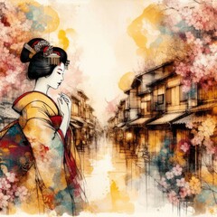 Wall Mural - Geisha's Spring Walk: Traditional Japanese Street Scene with Cherry Blossoms with Generative AI.