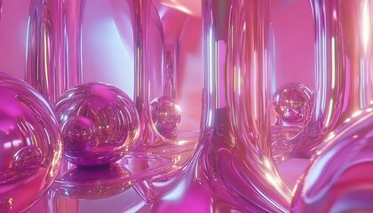 Fototapete - A vibrant, abstract scene featuring glossy pink spheres and cylindrical shapes, reflecting light and creating a surreal, dreamlike atmosphere.
