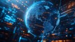 © Spectrum - Blue hologram globe with world map with glowing data streams, ai global communication networks, virtual reality simulations, geospatial data visualization, and interactive educational experience
