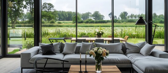 High quality living room, large windows, green meadow view, gray sofa near glass garden door, wooden table, chairs, black floor lamp, flowers on coffee table, daylight.