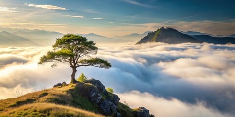 Solitary tree on misty mountain peak, serene landscape, nature, tranquil, solitude, peaceful, mist, mountain peak, serenity, landscape