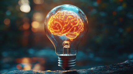 Virtual brain in light bulb education concept 