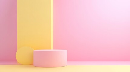 Poster - A minimalistic scene featuring pastel geometric shapes in pink and yellow tones, creating a soft and modern aesthetic.