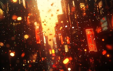 Fototapete - A vibrant city scene with glowing lights and particles, evoking a warm and dynamic atmosphere.