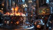 © BerkahStock - A futuristic cake with candles sits amidst a high-tech industrial backdrop.
