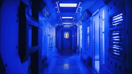  Futuristic Blue Lit Hallway Interior Design, Sci Fi Spaceship Corridor