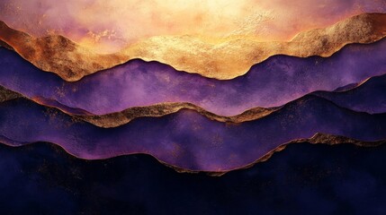 Fototapete - The artwork showcases an abstract representation of a mountainous landscape with rich layers of purple and gold under a serene sunset. The colors blend beautifully.