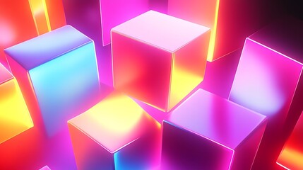 Aufkleber - A vibrant arrangement of glowing, neon-colored cubes creates a mesmerizing visual effect against a dark background.