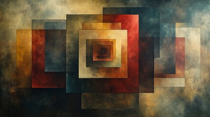 Leinwandbilder - This artwork displays a series of overlapping squares in rich colors and textures, creating a mesmerizing abstract effect reminiscent of depth and dimension.