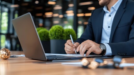 Professional Man Working on Laptop in Modern Office Environment with Greenery and Notepad