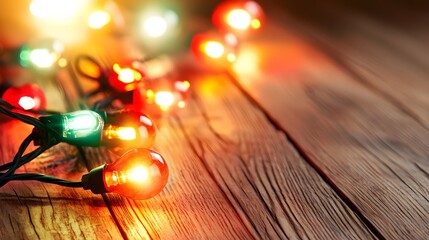 Festive Christmas Lights on Rustic Wood Background.