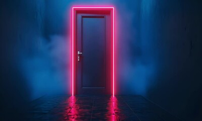 Sticker - abstract blue background with doors and lights, dark room with neon light in the style of 3d renderi