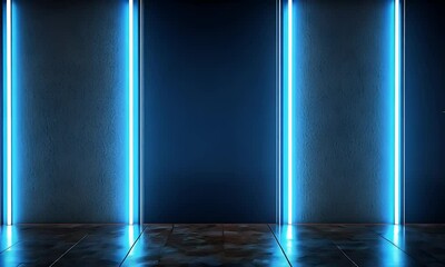 Sticker - abstract blue background with doors and lights, dark room with neon light in the style of 3d renderi