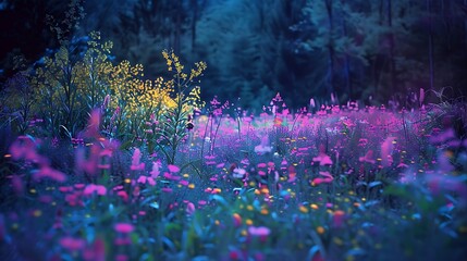 Wall Mural - A wild flowers field illuminated by stunning nighttime lighting cycling in winter